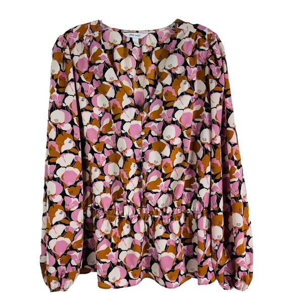 Nine West pink white floral button peplum office preppy top large - Picture 1 of 7